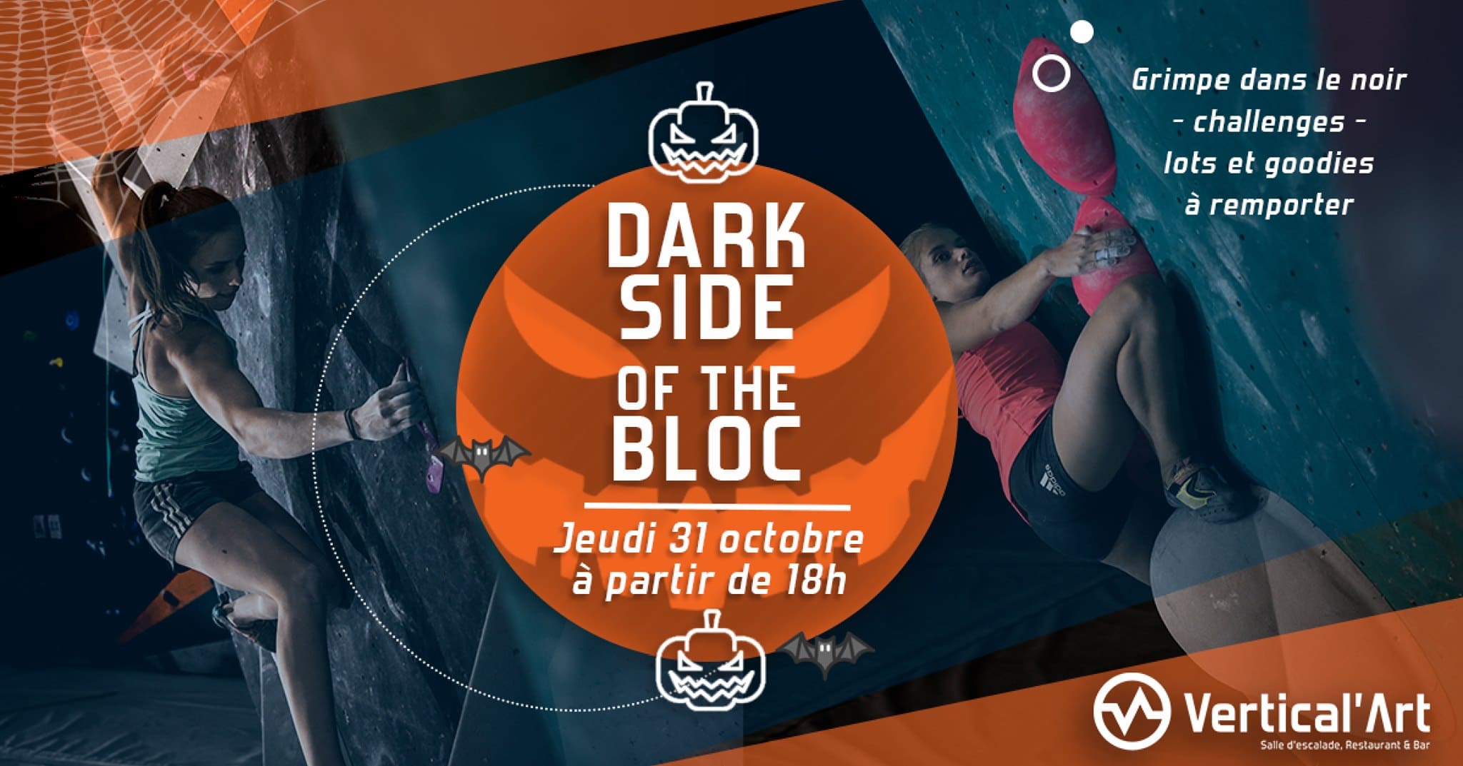 dark side of the bloc - soirée halloween - salle d'escalade de bloc - grimpe dans le noir - restaurant bar