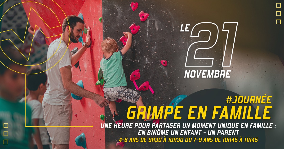 Grimpe en famille dimanche 21 novembre à Vertical Saint-Quentin-en-Yvelines, une heure pour partager un moment unique en famille : en binôme un enfant - un parent