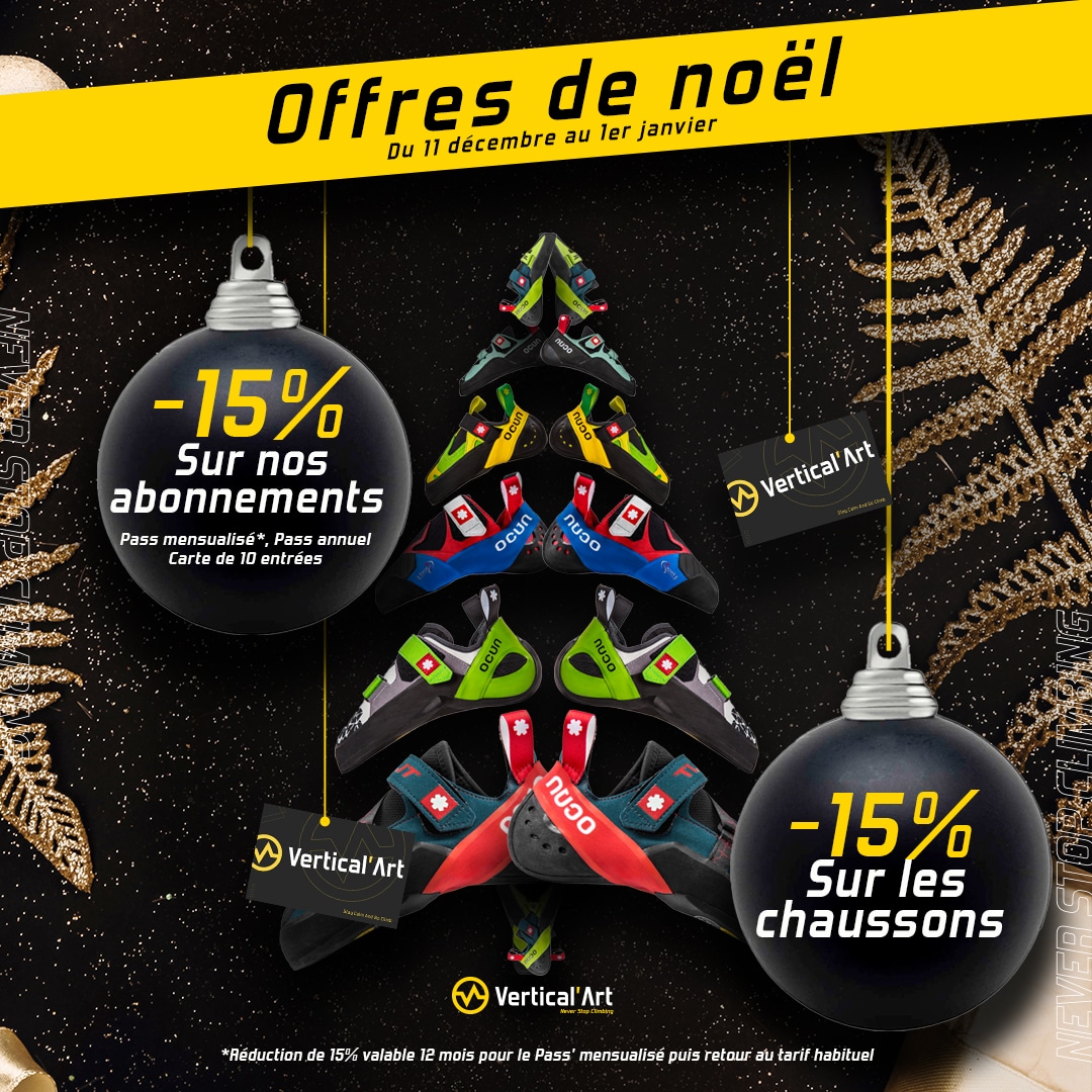 Offres de Noël à Vertical'Art SQY : 15% sur les formules de grimpe et les chaussons